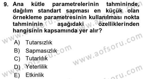 Coğrafi Bilgi Sistemleri İçin Temel İstatistik Dersi 2018 - 2019 Yılı Yaz Okulu Sınavı 9. Soru