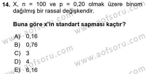 Coğrafi Bilgi Sistemleri İçin Temel İstatistik Dersi Ara Sınavı Deneme Sınav Soruları 14. Soru