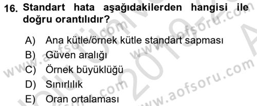 Coğrafi Bilgi Sistemleri İçin Temel İstatistik Dersi Ara Sınavı Deneme Sınav Soruları 16. Soru