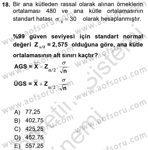 Coğrafi Bilgi Sistemleri İçin Temel İstatistik Dersi Ara Sınavı Deneme Sınav Soruları 18. Soru