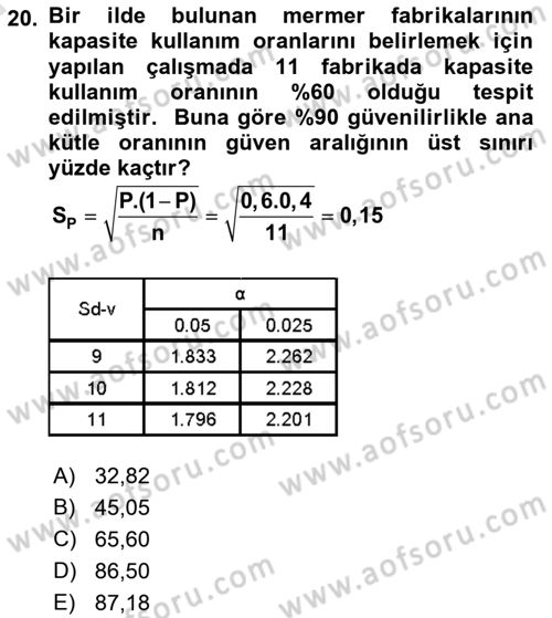 Coğrafi Bilgi Sistemleri İçin Temel İstatistik Dersi Ara Sınavı Deneme Sınav Soruları 20. Soru