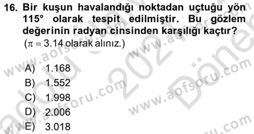 Coğrafi Bilgi Sistemleri İçin Temel İstatistik Dersi 2021 - 2022 Yılı (Final) Dönem Sonu Sınav Soruları 16. Soru