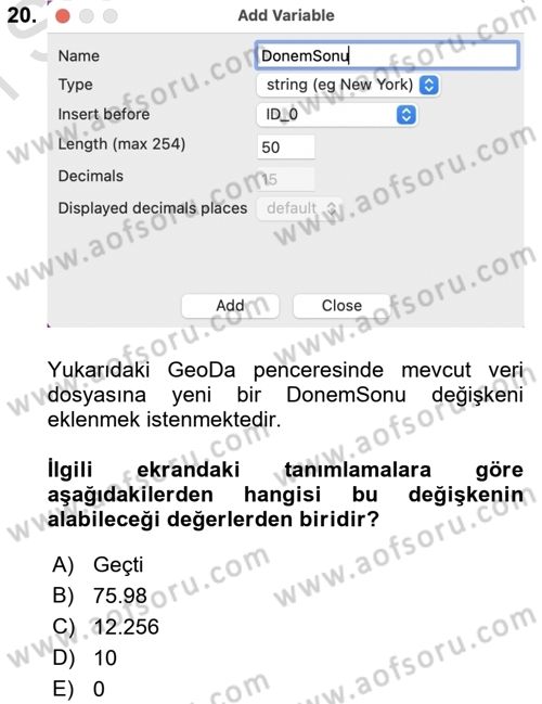 Coğrafi Bilgi Sistemleri İçin Temel İstatistik Dersi 2021 - 2022 Yılı (Final) Dönem Sonu Sınav Soruları 20. Soru
