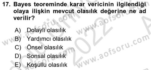 Coğrafi Bilgi Sistemleri İçin Temel İstatistik Dersi 2022 - 2023 Yılı (Vize) Ara Sınav Soruları 17. Soru