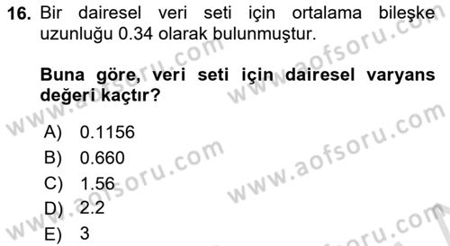 Coğrafi Bilgi Sistemleri İçin Temel İstatistik Dersi 2022 - 2023 Yılı (Final) Dönem Sonu Sınav Soruları 16. Soru