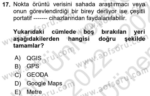 Coğrafi Bilgi Sistemleri İçin Temel İstatistik Dersi 2022 - 2023 Yılı (Final) Dönem Sonu Sınav Soruları 17. Soru