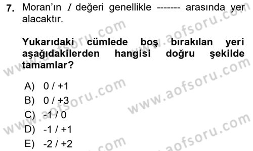 Coğrafi Bilgi Sistemleri İçin Temel İstatistik Dersi 2022 - 2023 Yılı (Final) Dönem Sonu Sınav Soruları 7. Soru