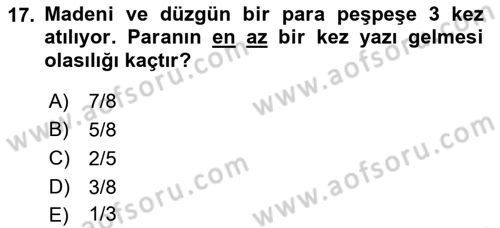 Coğrafi Bilgi Sistemleri İçin Temel İstatistik Dersi Ara Sınavı Deneme Sınav Soruları 17. Soru
