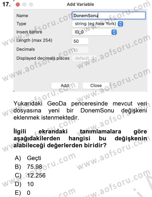 Coğrafi Bilgi Sistemleri İçin Temel İstatistik Dersi 2023 - 2024 Yılı (Final) Dönem Sonu Sınavı 17. Soru