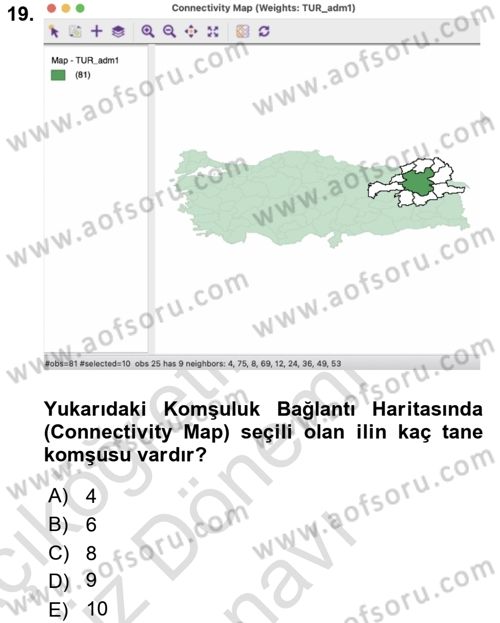 Coğrafi Bilgi Sistemleri İçin Temel İstatistik Dersi 2023 - 2024 Yılı (Final) Dönem Sonu Sınavı 19. Soru