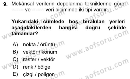 Coğrafi Bilgi Sistemleri İçin Temel İstatistik Dersi 2023 - 2024 Yılı (Final) Dönem Sonu Sınavı 9. Soru