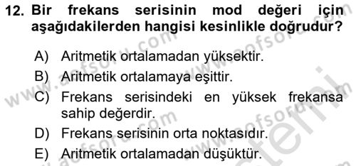 Coğrafi Bilgi Sistemleri İçin Temel İstatistik Dersi Ara Sınavı Deneme Sınav Soruları 12. Soru