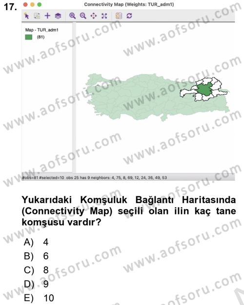 Coğrafi Bilgi Sistemleri İçin Temel İstatistik Dersi 2024 - 2025 Yılı (Final) Dönem Sonu Sınav Soruları 17. Soru
