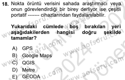 Coğrafi Bilgi Sistemleri İçin Temel İstatistik Dersi 2024 - 2025 Yılı (Final) Dönem Sonu Sınav Soruları 18. Soru