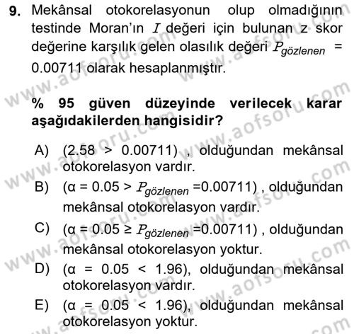 Coğrafi Bilgi Sistemleri İçin Temel İstatistik Dersi 2024 - 2025 Yılı (Final) Dönem Sonu Sınav Soruları 9. Soru