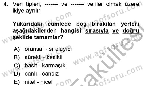 Coğrafi Bilgi Sistemleri İçin Temel İstatistik Dersi 2025 - 2026 Yılı (Vize) Ara Sınav Soruları 4. Soru