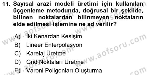 Bilgisayar Destekli Harita Yapımı 2 Dersi 2016 - 2017 Yılı (Final) Dönem Sonu Sınav Soruları 11. Soru