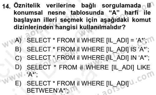 Konumsal Veritabanı 1 Dersi 2018 - 2019 Yılı (Final) Dönem Sonu Sınav Soruları 14. Soru