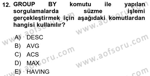 Konumsal Veritabanı 1 Dersi 2018 - 2019 Yılı Yaz Okulu Sınav Soruları 12. Soru