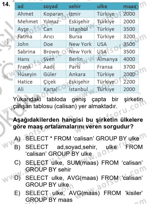 Konumsal Veritabanı 1 Dersi 2018 - 2019 Yılı Yaz Okulu Sınav Soruları 14. Soru