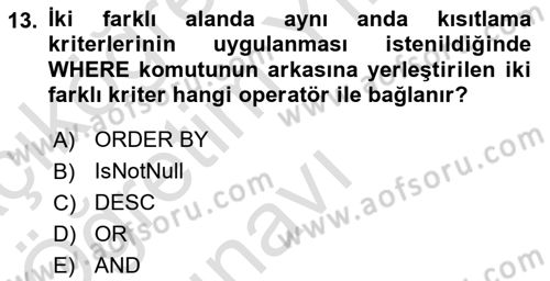 Konumsal Veritabanı 1 Dersi 2020 - 2021 Yılı Yaz Okulu Sınav Soruları 13. Soru