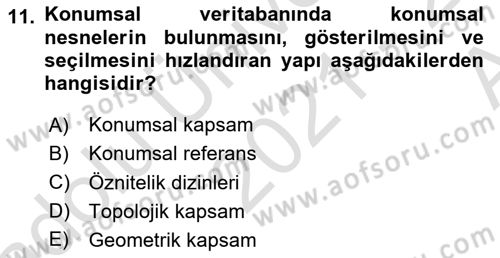 Konumsal Veritabanı 1 Dersi 2021 - 2022 Yılı (Vize) Ara Sınav Soruları 11. Soru