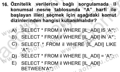 Konumsal Veritabanı 1 Dersi 2021 - 2022 Yılı (Final) Dönem Sonu Sınav Soruları 16. Soru