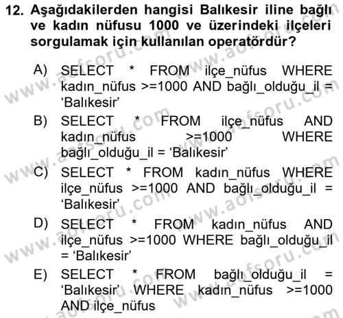 Konumsal Veritabanı 1 Dersi 2021 - 2022 Yılı Yaz Okulu Sınav Soruları 12. Soru