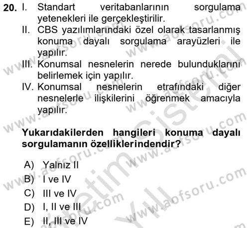 Konumsal Veritabanı 1 Dersi 2021 - 2022 Yılı Yaz Okulu Sınav Soruları 20. Soru