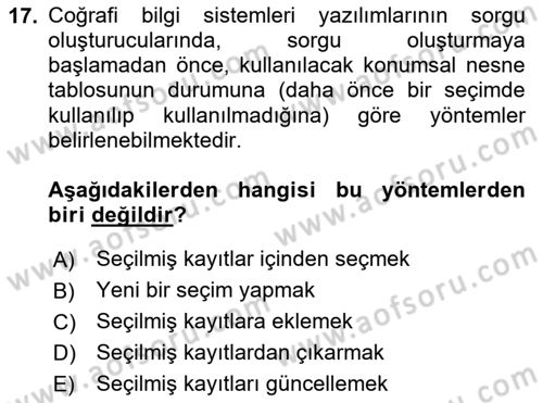 Konumsal Veritabanı 1 Dersi 2023 - 2024 Yılı Yaz Okulu Sınav Soruları 17. Soru