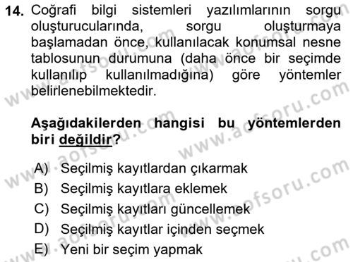 Konumsal Veritabanı 1 Dersi 2025 - 2026 Yılı (Final) Dönem Sonu Sınav Soruları 14. Soru