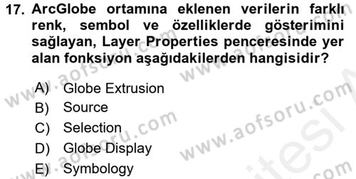 Coğrafi Bilgi Sistemleri Uygulamaları 1 Dersi 2017 - 2018 Yılı 3 Ders Sınav Soruları 17. Soru