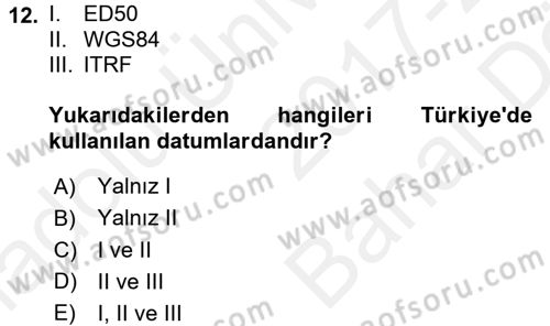 Coğrafi Bilgi Sistemleri Uygulamaları 1 Dersi Ara Sınavı Deneme Sınav Soruları 12. Soru