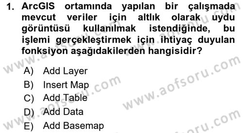 Coğrafi Bilgi Sistemleri Uygulamaları 1 Dersi Dönem Sonu Sınavı Deneme Sınav Soruları 1. Soru