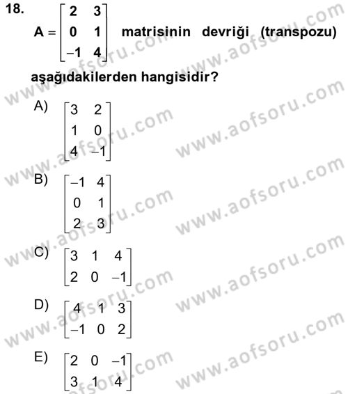 Coğrafi Bilgi Sistemleri İçin Temel Matematik Dersi 2016 - 2017 Yılı (Vize) Ara Sınav Soruları 18. Soru