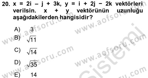 Coğrafi Bilgi Sistemleri İçin Temel Matematik Dersi 2016 - 2017 Yılı (Vize) Ara Sınav Soruları 20. Soru