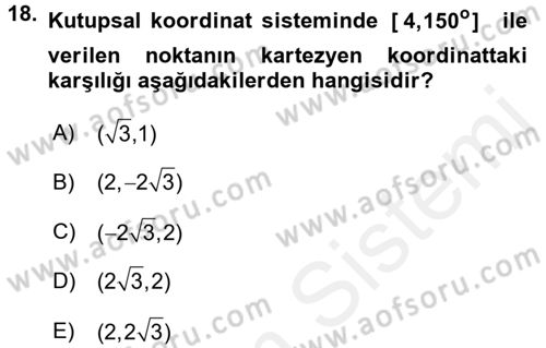 Coğrafi Bilgi Sistemleri İçin Temel Matematik Dersi 2016 - 2017 Yılı (Final) Dönem Sonu Sınav Soruları 18. Soru