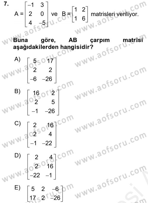 Coğrafi Bilgi Sistemleri İçin Temel Matematik Dersi 2017 - 2018 Yılı 3 Ders Sınavı 7. Soru