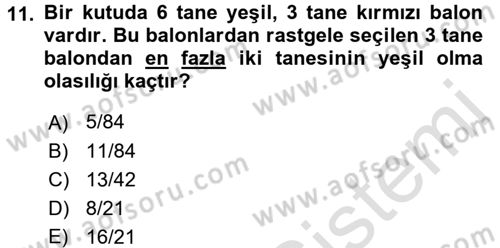 Coğrafi Bilgi Sistemleri İçin Temel Matematik Dersi 2017 - 2018 Yılı (Vize) Ara Sınavı 11. Soru