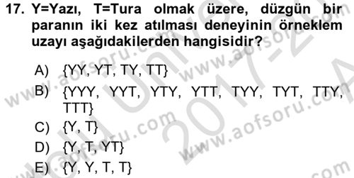 Coğrafi Bilgi Sistemleri İçin Temel Matematik Dersi 2017 - 2018 Yılı (Vize) Ara Sınavı 17. Soru