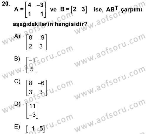 Coğrafi Bilgi Sistemleri İçin Temel Matematik Dersi 2017 - 2018 Yılı (Vize) Ara Sınavı 20. Soru