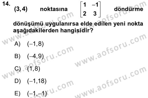 Coğrafi Bilgi Sistemleri İçin Temel Matematik Dersi 2017 - 2018 Yılı (Final) Dönem Sonu Sınav Soruları 14. Soru