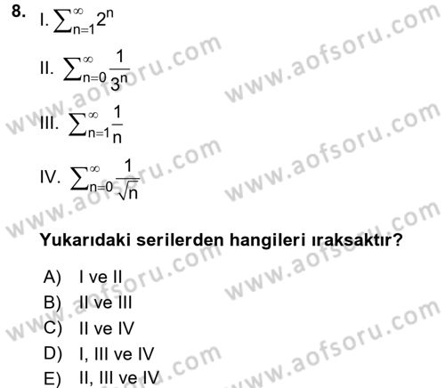 Coğrafi Bilgi Sistemleri İçin Temel Matematik Dersi 2017 - 2018 Yılı (Final) Dönem Sonu Sınav Soruları 8. Soru