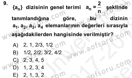 Coğrafi Bilgi Sistemleri İçin Temel Matematik Dersi 2017 - 2018 Yılı (Final) Dönem Sonu Sınav Soruları 9. Soru