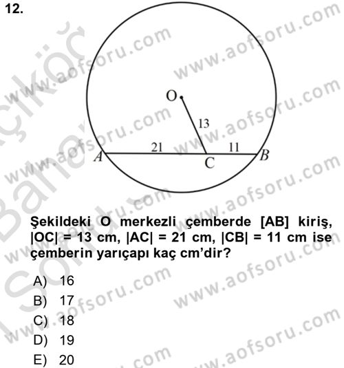 Coğrafi Bilgi Sistemleri İçin Temel Geometri Dersi 2016 - 2017 Yılı (Final) Dönem Sonu Sınavı 12. Soru