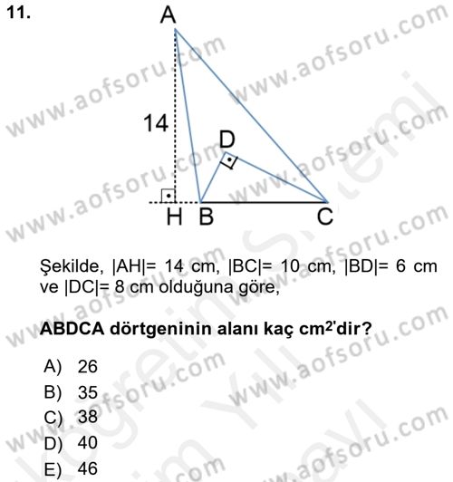 Coğrafi Bilgi Sistemleri İçin Temel Geometri Dersi 2017 - 2018 Yılı (Vize) Ara Sınavı 11. Soru