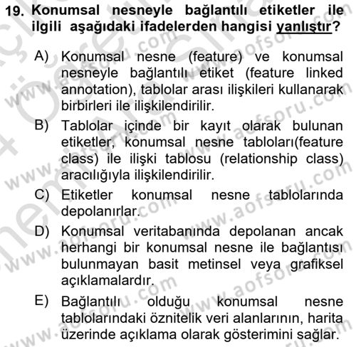 Konumsal Veritabanı 2 Dersi 2023 - 2024 Yılı (Vize) Ara Sınav Soruları 19. Soru