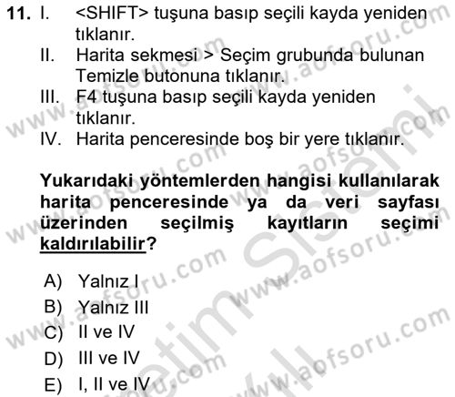 Coğrafi Bilgi Sistemleri Yazılımı Dersi 2020 - 2021 Yılı Yaz Okulu Sınav Soruları 11. Soru