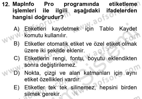 Coğrafi Bilgi Sistemleri Yazılımı Dersi 2021 - 2022 Yılı (Final) Dönem Sonu Sınav Soruları 12. Soru