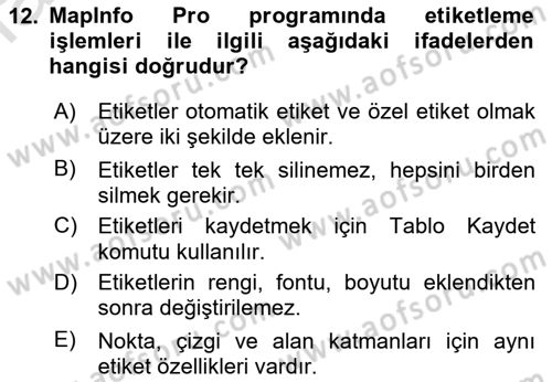 Coğrafi Bilgi Sistemleri Yazılımı Dersi 2021 - 2022 Yılı Yaz Okulu Sınav Soruları 12. Soru